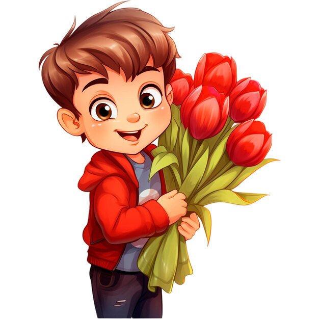 Children with a bouquet of red tulips smiling schoolchildren