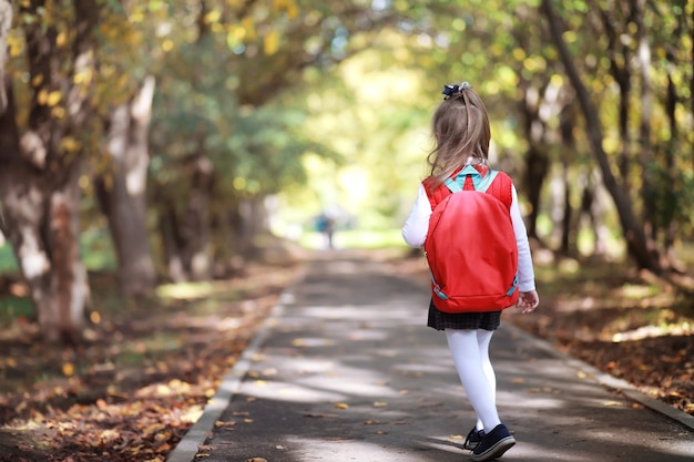 公園を散歩するためのブリーフケースを持った子供たち。学校の休憩。子供の研究の始まり。