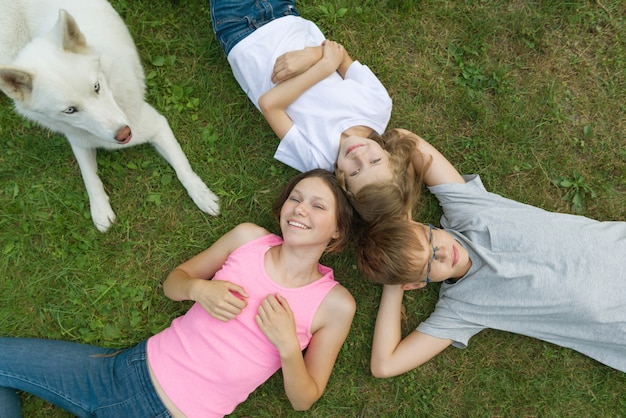 Children with dog on green grass, top view