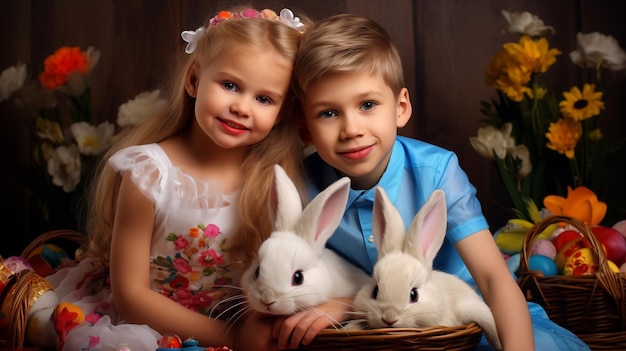 Children with Easter bunnies and eggs joyful festivities