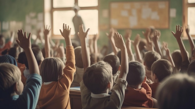 Children with face masks back at school students in the classroom raising hand