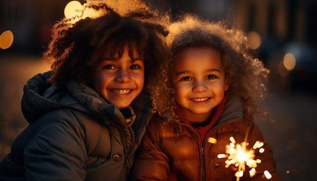 Children with fireworks stick holiday dynamic postcard happy children holding a lighted fireworks