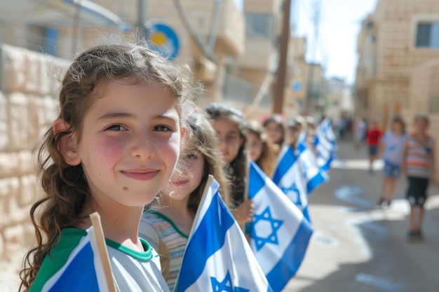 写真 イスラエル国旗を持った子供たち イスラエル独立記念日