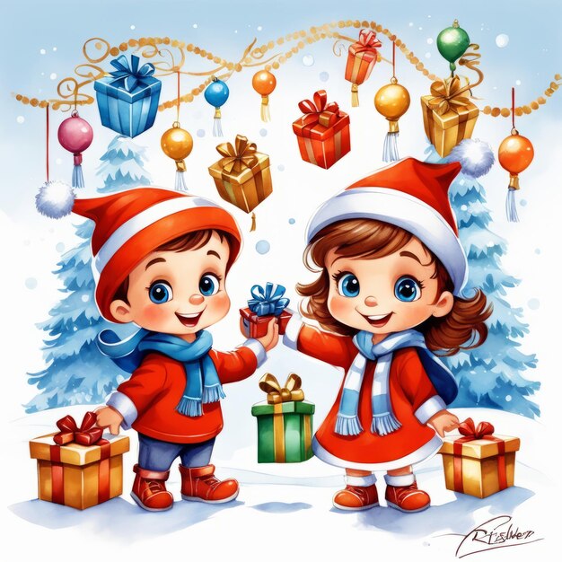 Children with gifts color cartoon illustration generative ai software