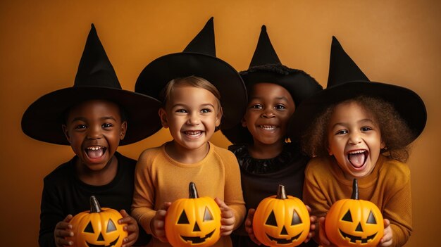 Photo children with halloween pumpkins happy smiling kids with jackolanterns studio photo kids party