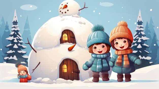 Photo children with igloo and snowman in winter