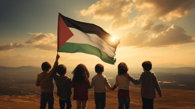 Children with palestine flag symbol for patriotism freedom and growth concept