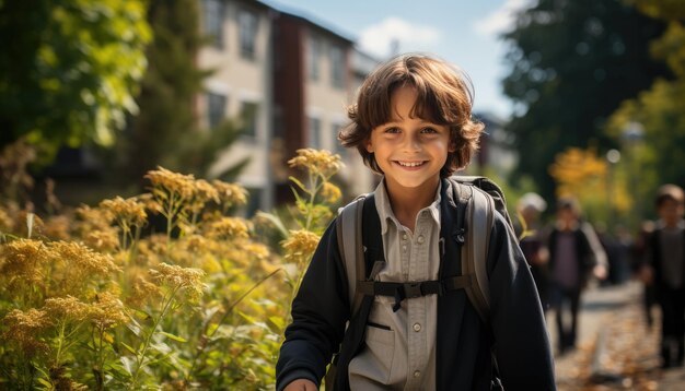 children with school bag walking to schoolbuilding