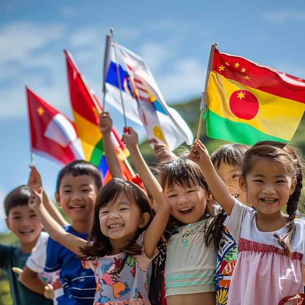дети с флагом своей страны празднуют День детей