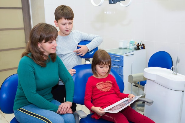 어머니와 함께 있는 아이들이 치과 진료소에서 치과 엑스레이를 보고 있습니다.