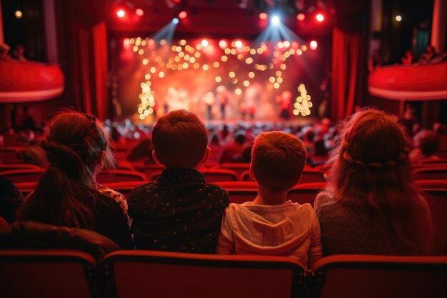 Photo children with their parents watch a new years performance on the theater stage