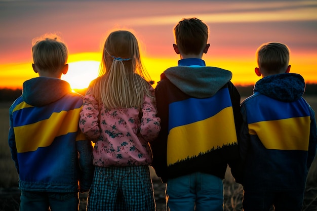 Children with Ukrainian Flags Gazing at Sunset a Hopeful Symbol of a Brighter Tomorrow