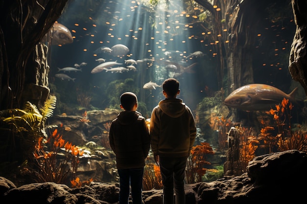 children in the zoo looking on aquariumsea life