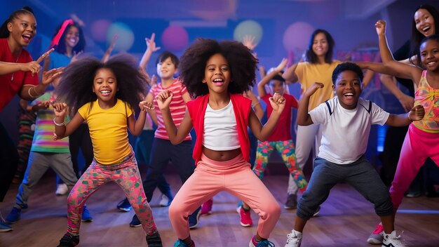 Children in zumba class dancing modern group choreography Premium AI generated image