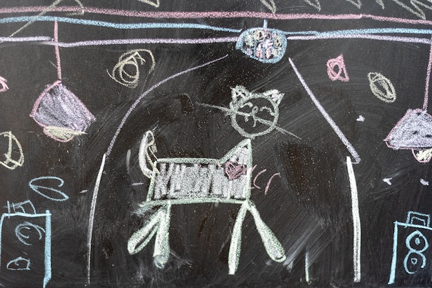 Photo children39s drawing of a cat with multicolored crayons of a sevenyearold girl on a chalk board