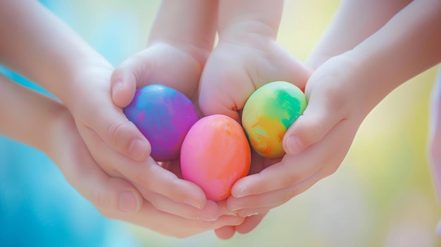 Дети с ярко нарисованными пасхальными яйцами в руках, символизирующими празднование весны