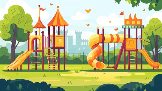 Children39s play area in summer park garden or backyard with carousel spiral tube slide swing and castle modern cartoon illustration of green lawn with slides