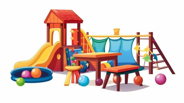 Photo children39s playroom in kindergarten with table and chairs slide ball pool and trampoline modern cartoon set of furniture isolated on white for daycare centers or playgrounds