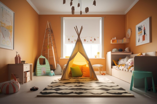Комната Children39s с хижиной, игровой палаткой и игрушками Создано с помощью генеративной технологии искусственного интеллекта