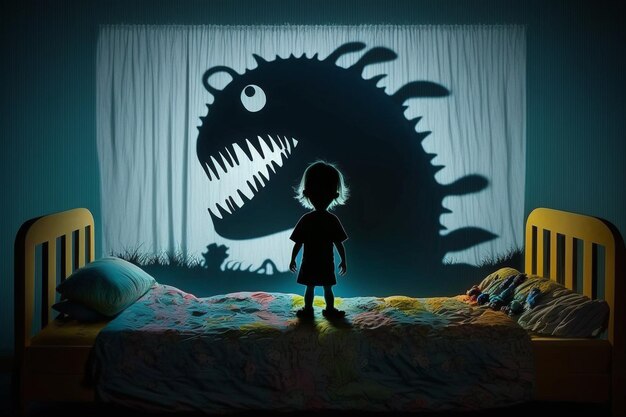 Children39s sleep problem Sleep fears nightmares scary dreams children39s room gloomy dark atmosphere children39s bed monsters over the bed