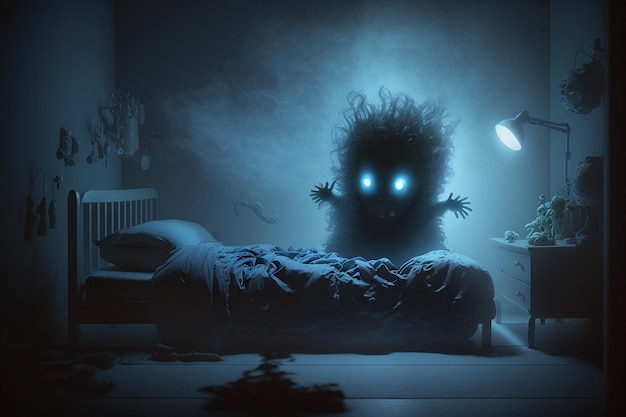 Foto problemi di sonno dei bambini paure del sonno incubi sogni spaventosi camera dei bambini cupa atmosfera buia letto dei bambini mostri sopra il letto