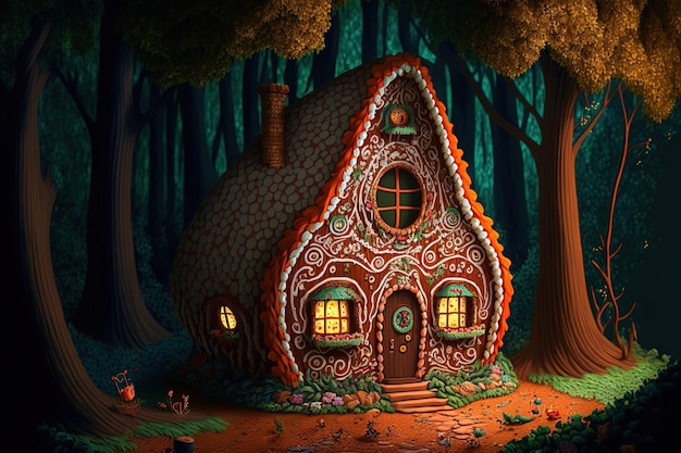 Childrens artwork of a gingerbread home in the woodland from the fairy tale Hansel and Gretel