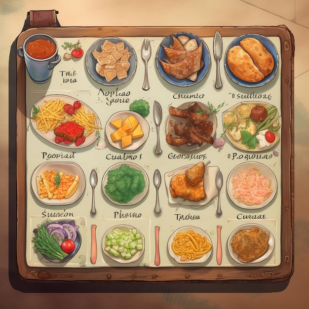 Photo childrens book illustration of a dinner menu wit
