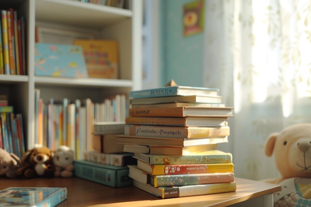 Photo childrens books are stacked on a table in a room child development with books concept