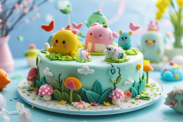 写真 子供の誕生日用の美しい焼き物を描いた色とりどりのファンダンスの子供のケーキ