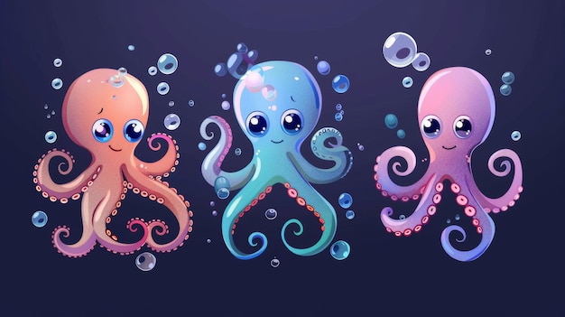 Photo childrens cartoon character of an octopus floating underwater with bubbles modern illustration of a cute marine or aquarium animal with tentacles and adorable faces