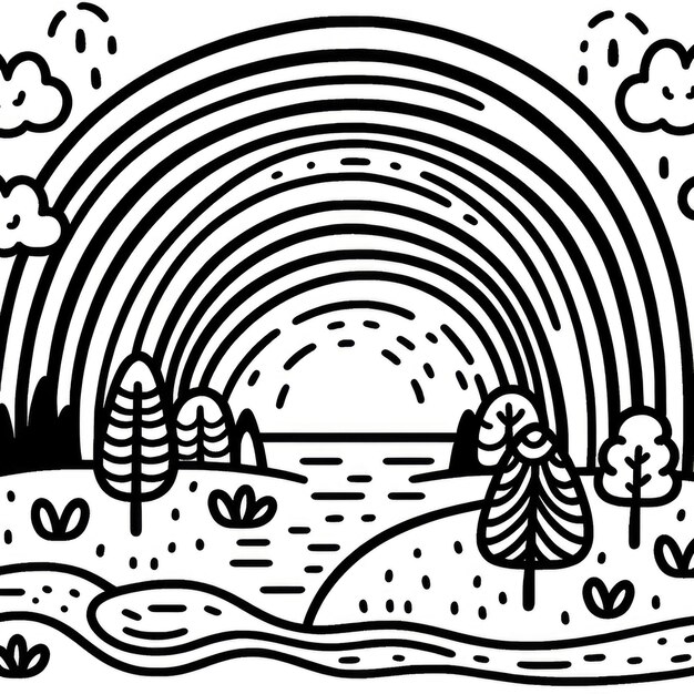 Photo childrens coloring page rainbow over landscape