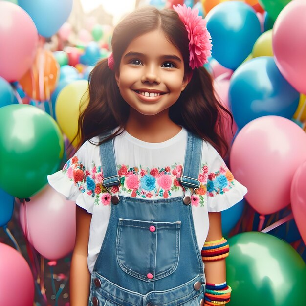 Foto giorno dei bambini una ragazza in una folla di palloncini