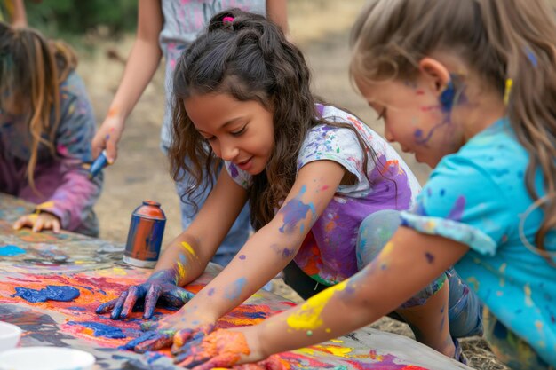 Photo childrens day a group of young girls are playing with paint on a table