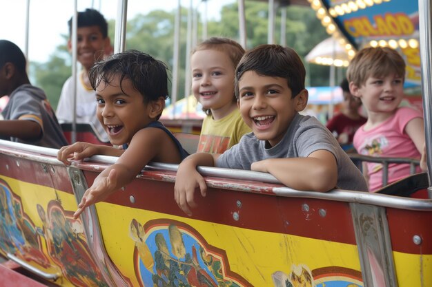 childrens day Happy toddlers sharing smiles while riding a merrygoround at the carnival