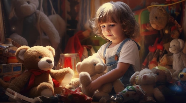 Childrens Day A little girl sits in a dark room with teddy bears