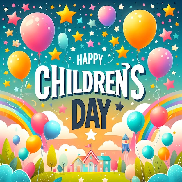 Photo childrens day social media poster or greeting cards with balloons stars and little kids