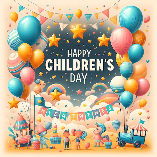 Фото Постер для социальных сетей дня детей или поздравительные открытки с воздушными шарами, звездами и маленькими детьми