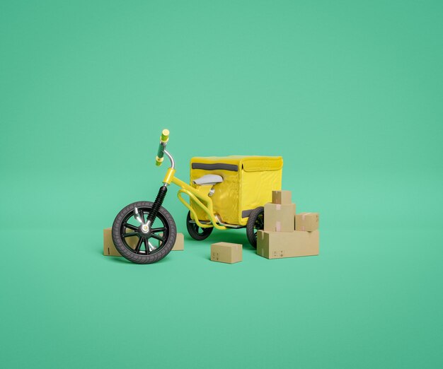 Photo childrens delivery tricycle with shipping packages around