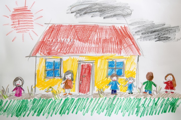 Photo childrens drawing of a family with a house with a roof nature and the sun art on a piece of paper