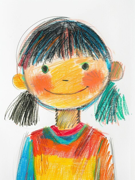 Childrens drawing of a happy girl on a white sheet of paper