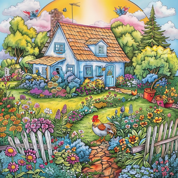 Photo childrens drawing of a rural house in the garden with a rooster