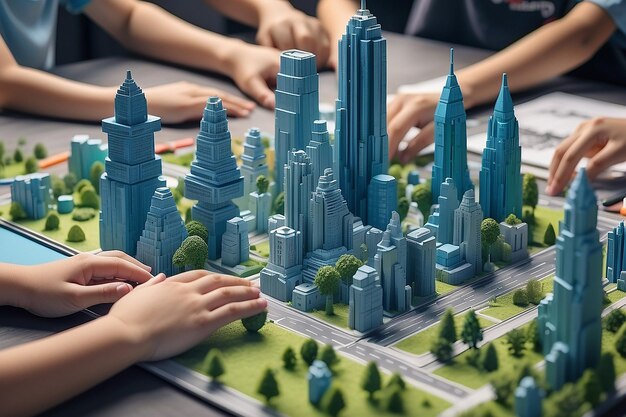Photo childrens hands are building cities in 3d modeling concepts about the city generative ai