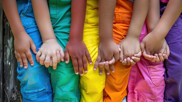 Childrens hands of different skin colors on the background of colorful childrens trousers
