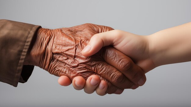 Childrens Hands Hold the Hand of an Old Man Closeup on a White Background