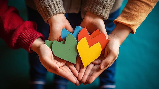 Childrens hands holding colorful paper hearts