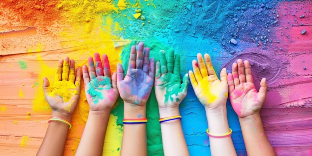 Childrens hands painted in various hues expressing joy and creativity