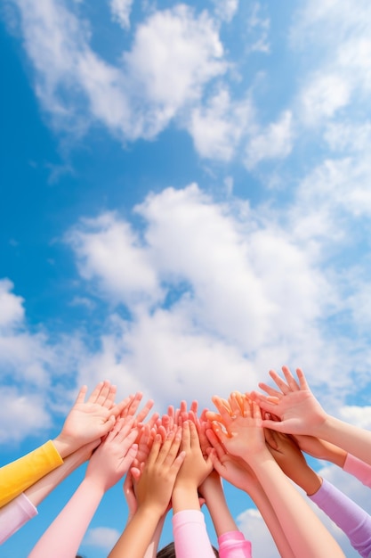 Photo childrens hands reaching for the sky