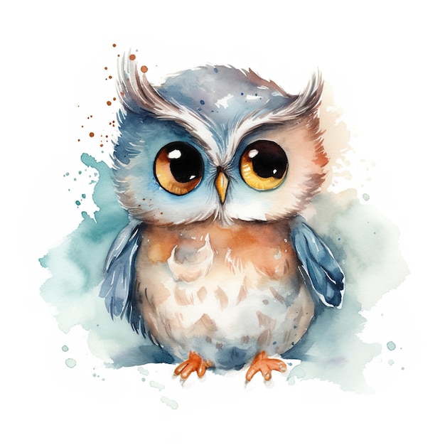 Childrens illustration of a cute cartoon watercolor owl with huge yellow eyes on a white backgrou