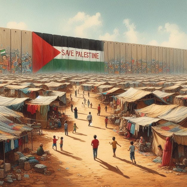 Смех и надежда детей изображены рядом с баннером "Спасите Палестину" в акварели