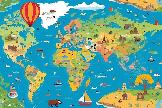 childrens map of the world with animals landmarks and balloons for digital printing wallpaper custom design wallpaper